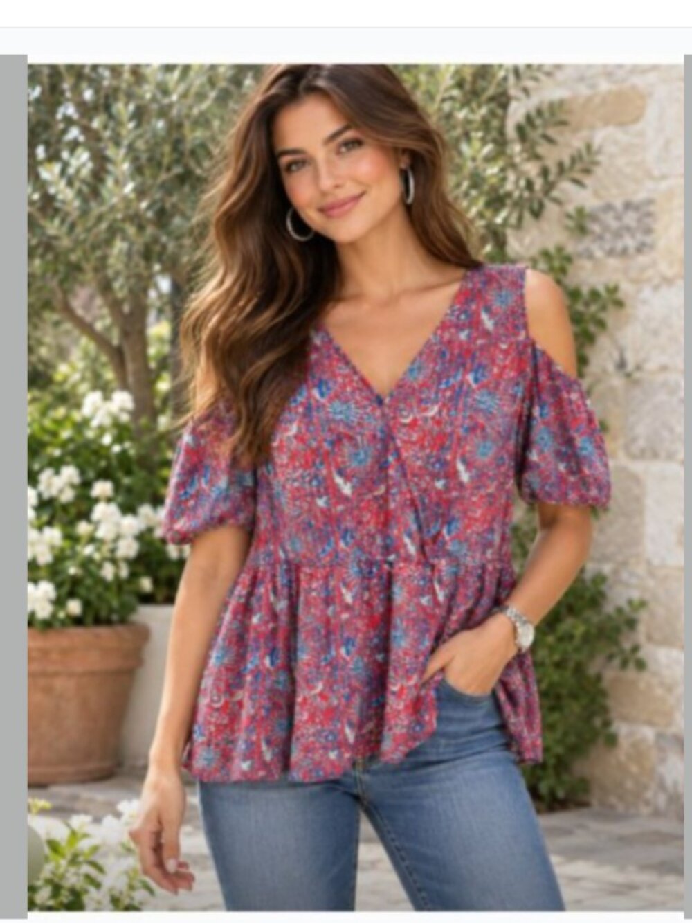 Lucky Brand Women’s 3X Red Blue Floral Cold Shoulder Peplum Top Metallic Boho